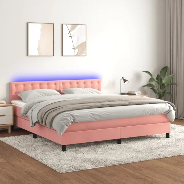 Gossi pat continental cu saltea & led, roz, 180x200 cm, catifea