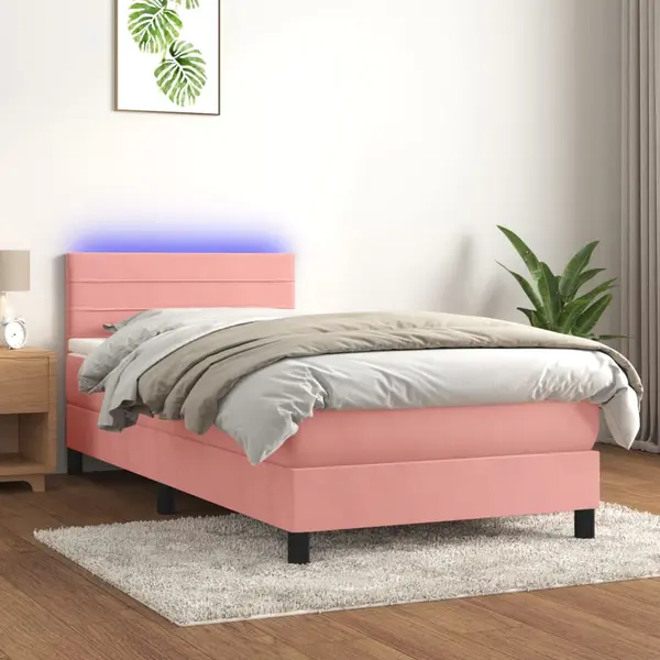 Gossi pat continental cu saltea & led, roz, 80x200 cm, catifea