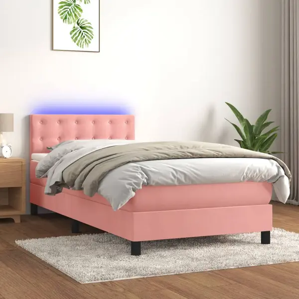 Gossi pat continental cu saltea & led, roz, 80x200 cm, catifea