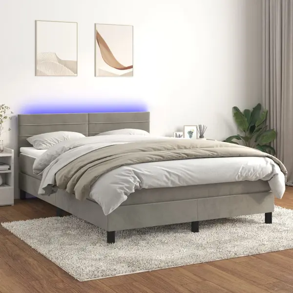 Gossi pat continental cu saltea si led gri deschis 140x190 cm catifea