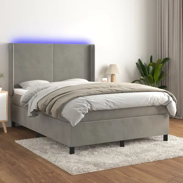 Gossi pat continental cu saltea si led gri deschis 140x190 cm catifea