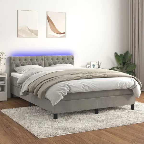 Gossi pat continental cu saltea si led gri deschis 140x190 cm catifea