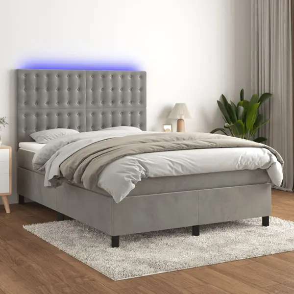 Gossi pat continental cu saltea si led gri deschis 140x190 cm catifea
