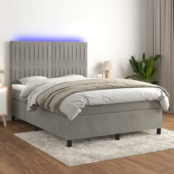 Gossi pat continental cu saltea si led gri deschis 140x190 cm catifea