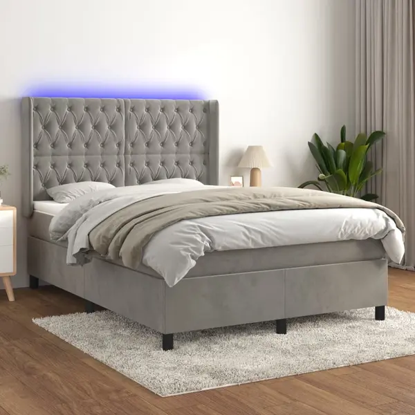Gossi pat continental cu saltea si led gri deschis 140x190 cm catifea