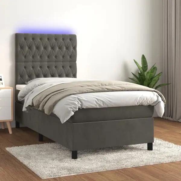 Gossi pat continental cu saltea si led, gri inchis, 80x200 cm catifea