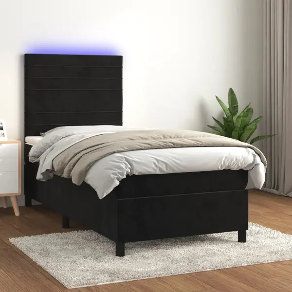 Gossi pat continental cu saltea si led, negru, 80x200 cm, catifea