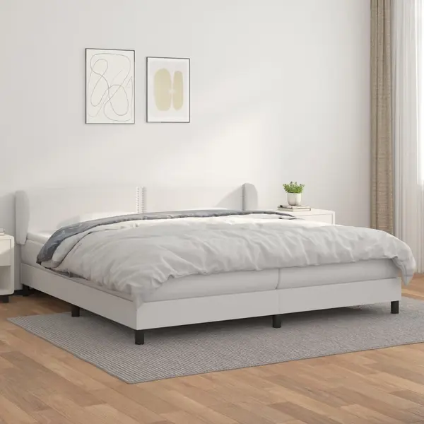 Gossi pat cu arcuri, cu saltea, alb, 200x200 cm, piele ecologica