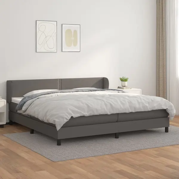 Gossi pat cu arcuri, cu saltea, gri, 200x200 cm, piele ecologica