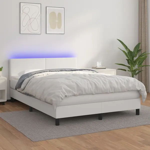 Gossi pat cu arcuri, cu saltea & led, alb, 140x190 cm, piele eco