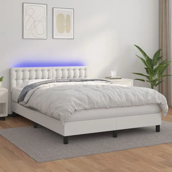 Gossi pat cu arcuri, cu saltea & led, alb, 140x190 cm, piele eco