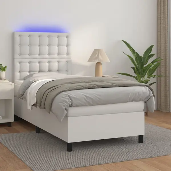 Gossi pat cu arcuri, cu saltea si led, alb, 90x200 cm, piele eco