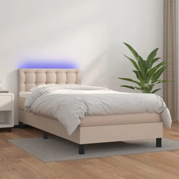Gossi pat cu arcuri, cu saltea si led cappuccino 100x200 cm piele eco