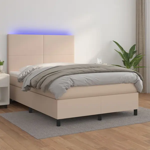 Gossi pat cu arcuri, cu saltea si led cappuccino 140x190 cm piele eco