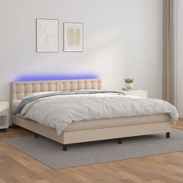 Gossi pat cu arcuri, cu saltea si led cappuccino 180x200 cm piele eco