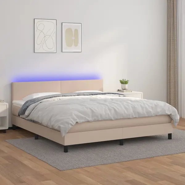 Gossi pat cu arcuri, cu saltea si led cappuccino 180x200 cm piele eco