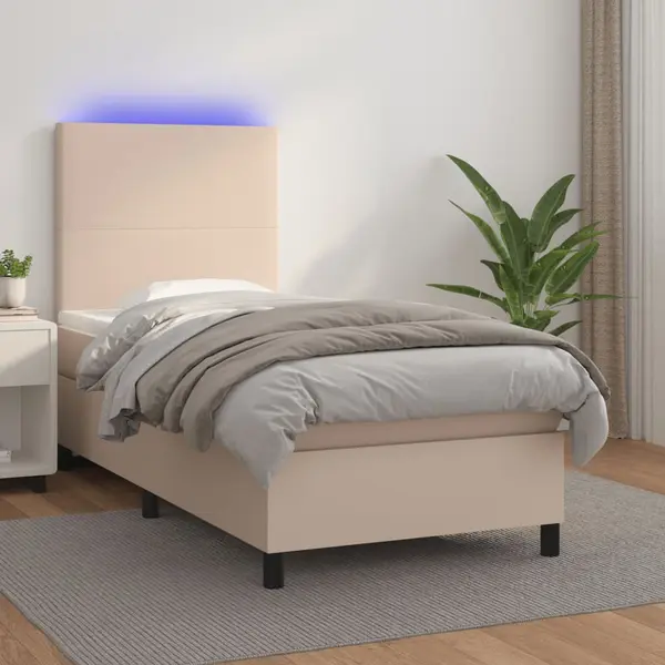 Gossi pat cu arcuri, cu saltea si led cappuccino 90x190 cm, piele eco