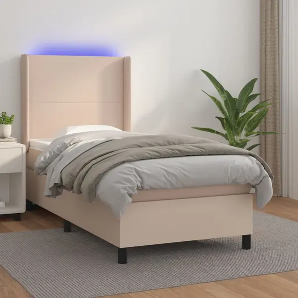 Gossi pat cu arcuri, cu saltea si led cappuccino 90x190 cm, piele eco