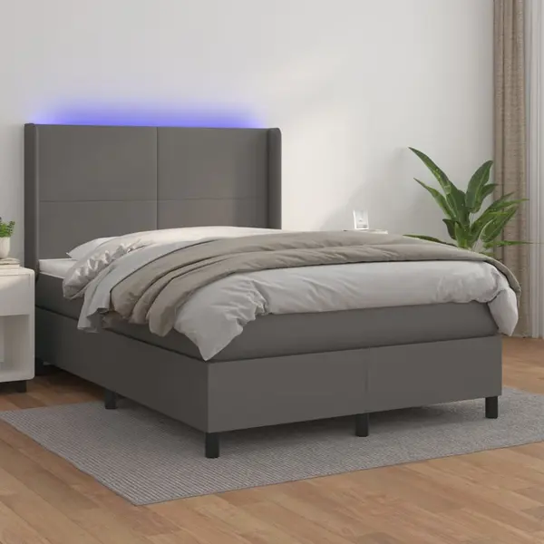 Gossi pat cu arcuri, cu saltea si led, gri, 140x200 cm, piele eco