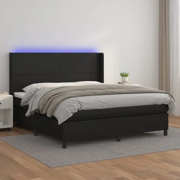 Gossi pat cu arcuri, cu saltea si led, negru, 160x200 cm, piele eco