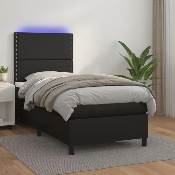 Gossi pat cu arcuri, cu saltea si led, negru, 90x200 cm, piele eco