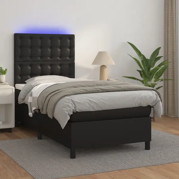 Gossi pat cu arcuri, cu saltea si led, negru, 90x200 cm, piele eco