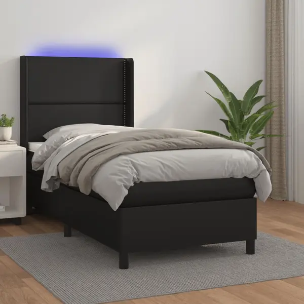 Gossi pat cu arcuri, cu saltea si led, negru, 90x200 cm, piele eco