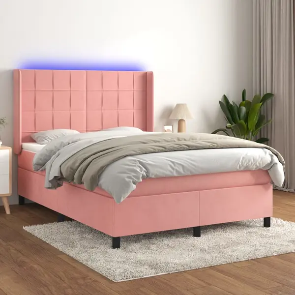 Gossi pat cu arcuri, cu saltea si led, roz, 140x190 cm catifea