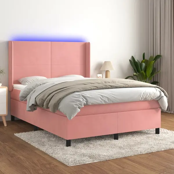 Gossi pat cu arcuri, cu saltea si led, roz, 140x190 cm catifea