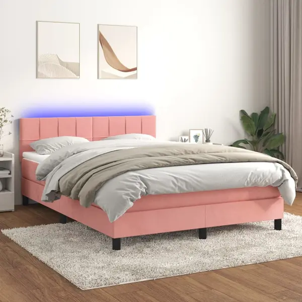 Gossi pat cu arcuri, cu saltea si led, roz, 140x190 cm catifea