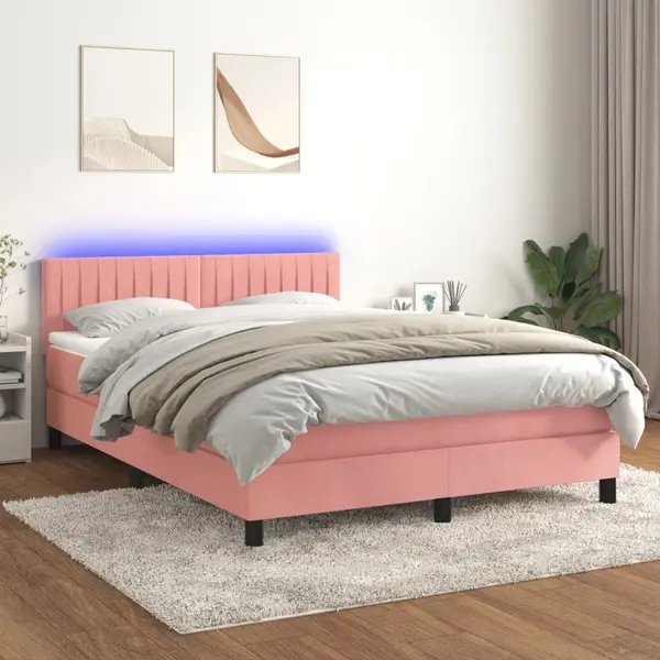 Gossi pat cu arcuri, cu saltea si led, roz, 140x190 cm catifea