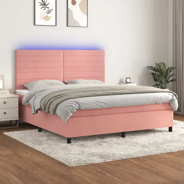 Gossi pat cu arcuri, saltea & led, roz, 180x200 cm, catifea