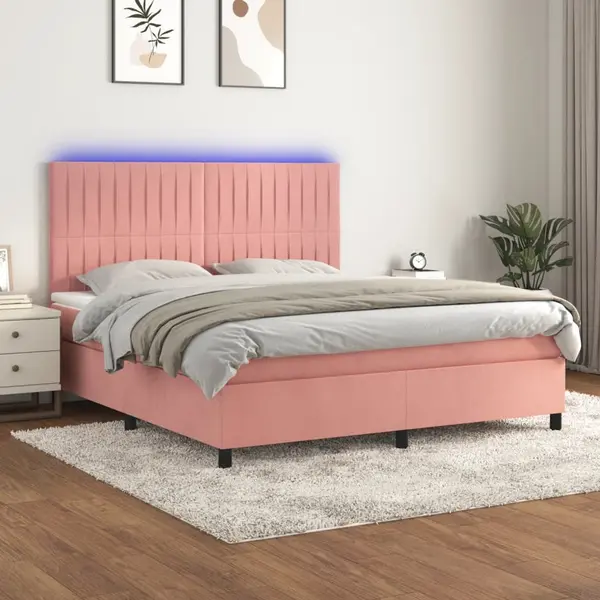 Gossi pat cu arcuri, saltea & led, roz, 180x200 cm, catifea