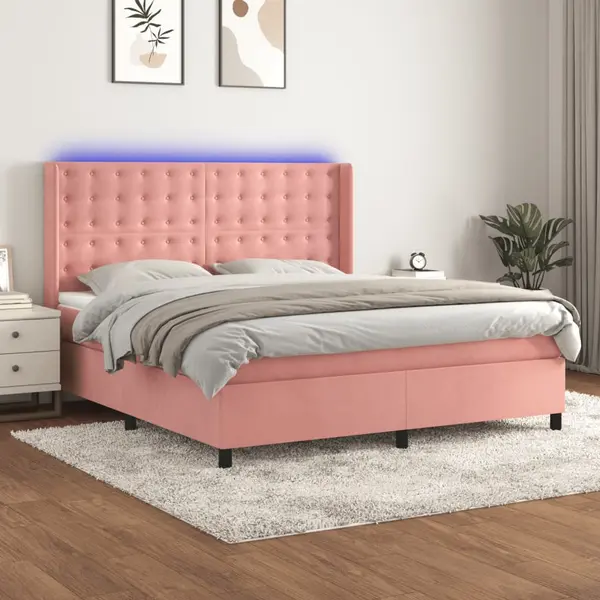 Gossi pat cu arcuri, saltea & led, roz, 180x200 cm, catifea