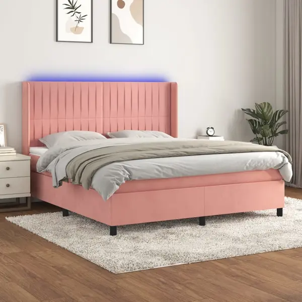 Gossi pat cu arcuri, saltea & led, roz, 180x200 cm, catifea