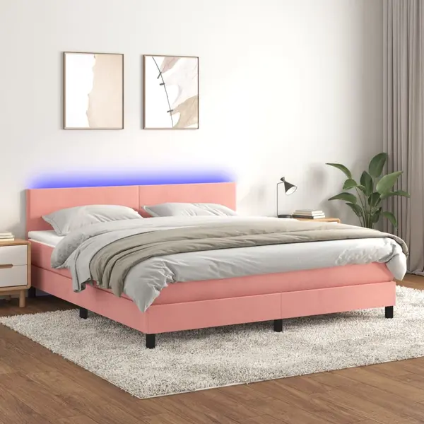 Gossi pat cu arcuri, saltea & led, roz, 180x200 cm, catifea
