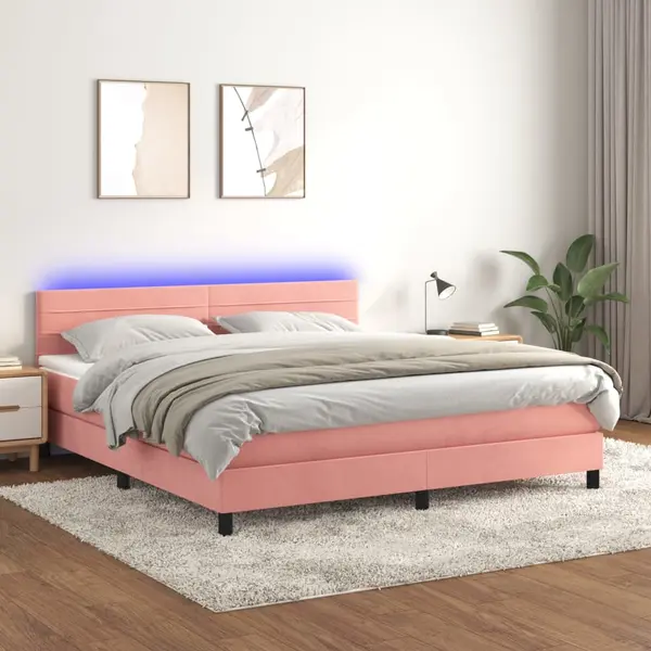 Gossi pat cu arcuri, saltea & led, roz, 180x200 cm, catifea