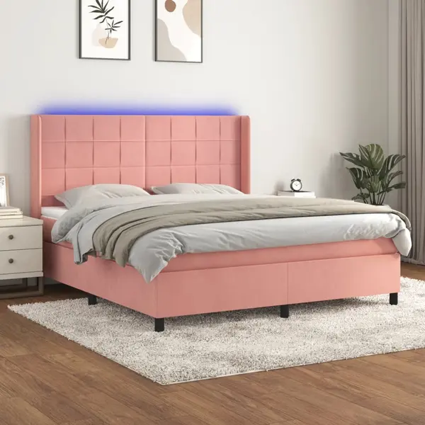 Gossi pat cu arcuri, saltea & led, roz, 180x200 cm, catifea