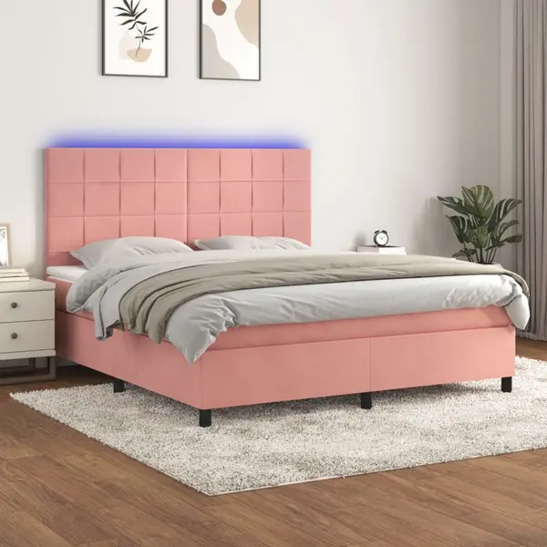 Gossi pat cu arcuri, saltea & led, roz, 180x200 cm, catifea