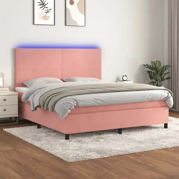 Gossi pat cu arcuri, saltea & led, roz, 180x200 cm, catifea