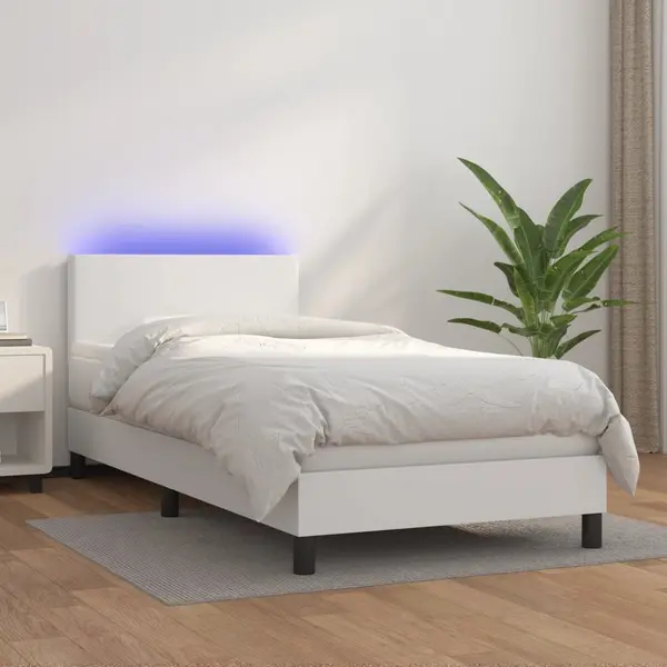 Gossi pat cu arcuri, saltea si led, alb, 100x200 cm, piele ecologica