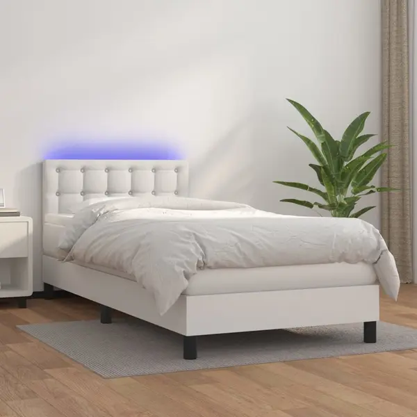 Gossi pat cu arcuri, saltea si led, alb, 100x200 cm, piele ecologica