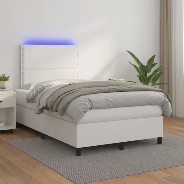 Gossi pat cu arcuri, saltea si led, alb, 120x200 cm, piele ecologica