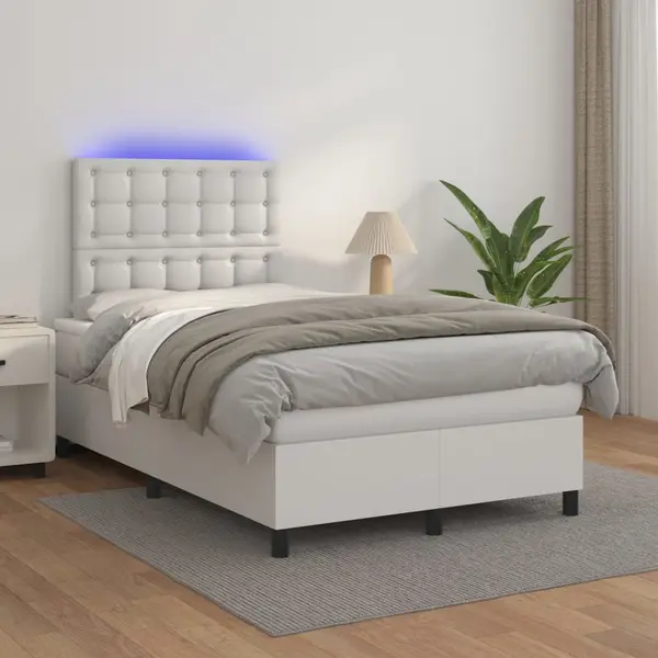 Gossi pat cu arcuri, saltea si led, alb, 120x200 cm, piele ecologica