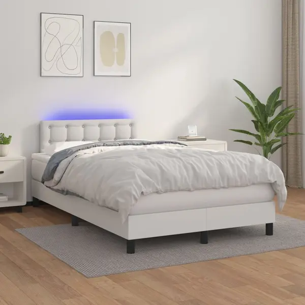 Gossi pat cu arcuri, saltea si led, alb, 120x200 cm, piele ecologica