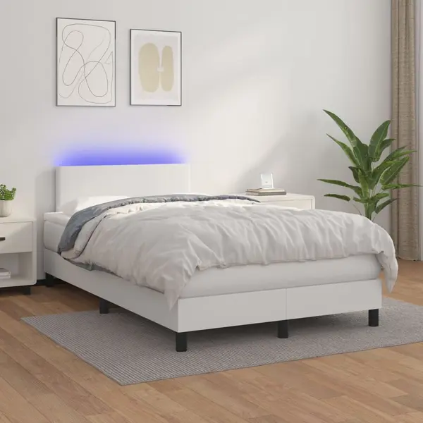 Gossi pat cu arcuri, saltea si led, alb, 120x200 cm, piele ecologica