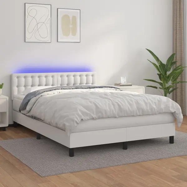 Gossi pat cu arcuri, saltea si led, alb, 140x200 cm, piele eco