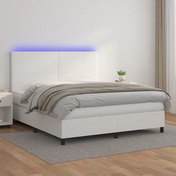 Gossi pat cu arcuri, saltea si led, alb, 160x200 cm, piele ecologica