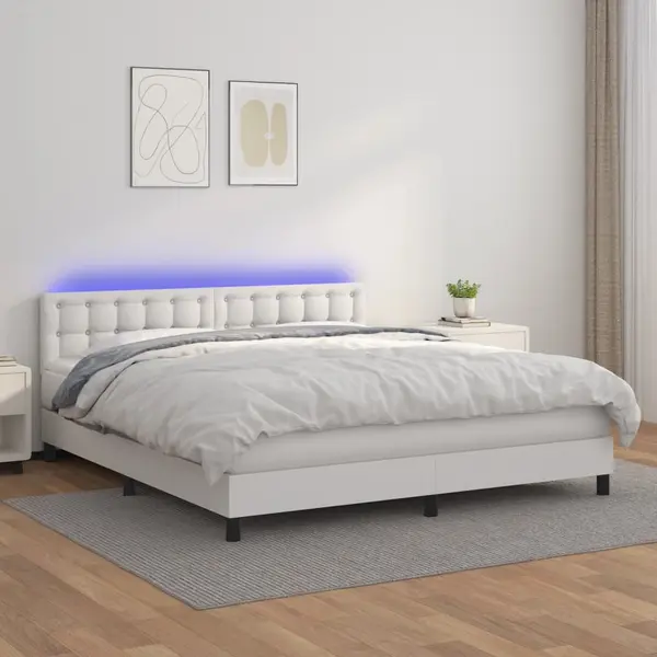 Gossi pat cu arcuri, saltea si led, alb, 160x200 cm, piele ecologica
