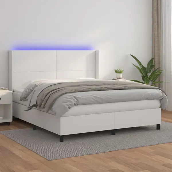 Gossi pat cu arcuri, saltea si led, alb, 160x200 cm, piele ecologica